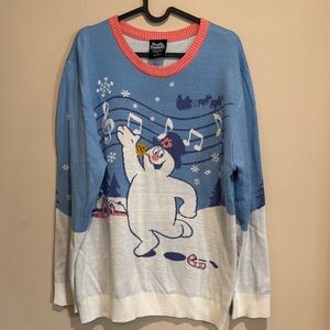 Blue and White Frosty the Snowman Christmas Sweater Festive Holiday Ugly